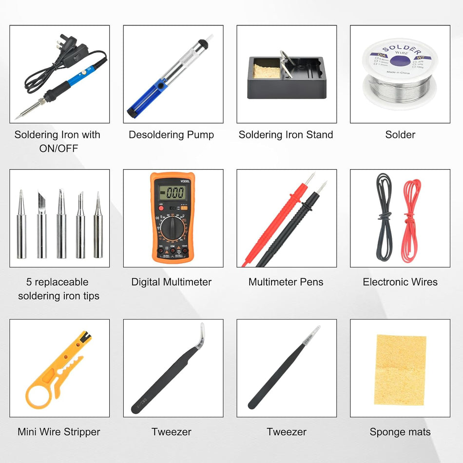 60W Adjustable Soldering Iron & Multimeter Kit Complete Set