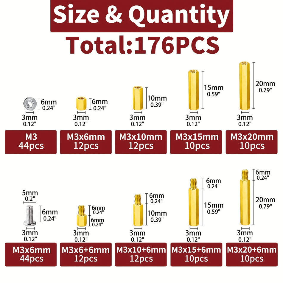 176pcs M3 Brass Standoff Assortment Kit (Male-Female & Female-Female)
