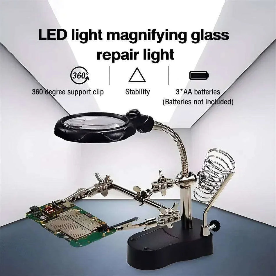 Helping Hand Third Hand Tool Soldering Iron Stand with Magnifying Glass and LED Light