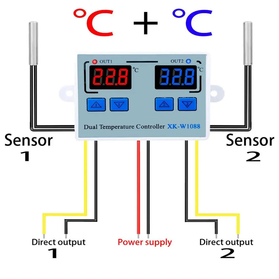 W1088 Dual LED Digital Temperature Sensor Meter Controller Thermostat 12V Aquarium Incubator Thermoregulator