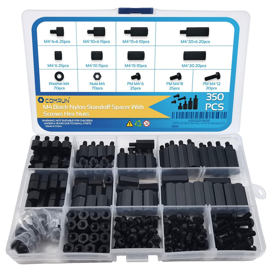 350pcs M4 Black Nylon Screw Nut Washer Assortment Kit